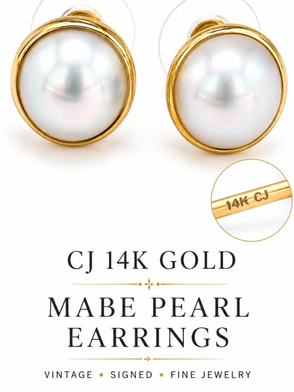 CJ 14K Gold Mabe Pearl Earrings Vintage Signed Large Iridescent Round Studs
